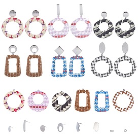 DIY Earring Making Kits, with Brass Stud Earring Findings, Handmade Raffia Woven Pendants, Mixed Shapes