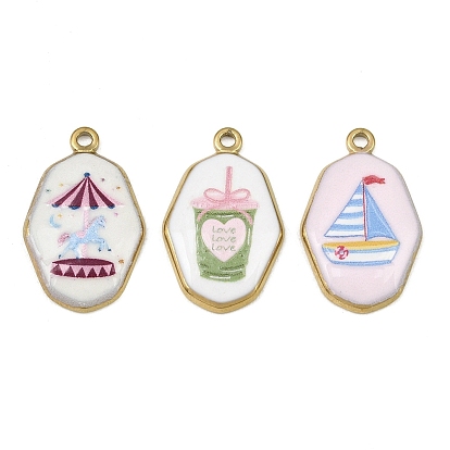 Printed 304 Stainless Steel Enamel Pendants, Octagon Charms, Ion Plating(IP), Real 18K Gold Plated