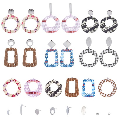 DIY Earring Making Kits, with Brass Stud Earring Findings, Handmade Raffia Woven Pendants, Mixed Shapes