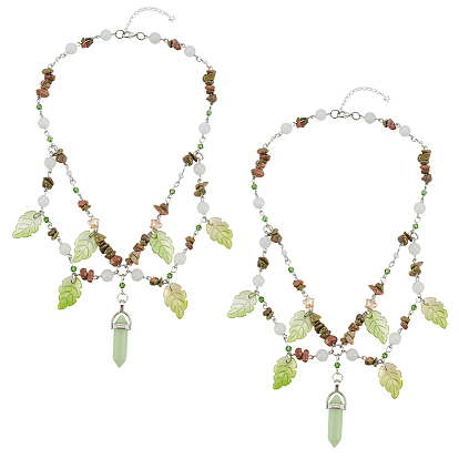 Ожерелья с подвесками в форме пули из натурального унакита, круглого белого нефрита, синтетического светящегося камня и стеклянного листа, платина