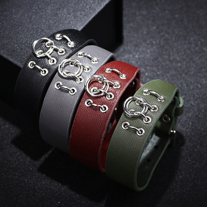 Pulseras / pulseras de cuero de pu ajustables, con fornituras de aleación, anillos de hierro