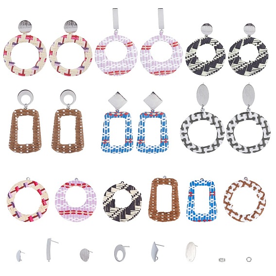 DIY Earring Making Kits, with Brass Stud Earring Findings, Handmade Raffia Woven Pendants, Mixed Shapes