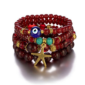 Bohemian Style Multi-layered Bracelet with Metal Starfish and Evil Eye Charms