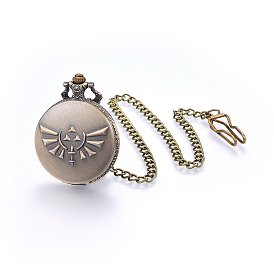 Relojes de bolsillo de cuarzo de aleación, con cadenas de hierro, plana redonda con la palabra zelda