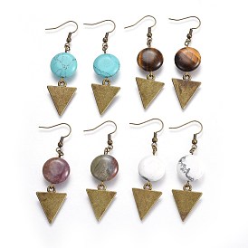 Gemstone Dangle Earrings, with Triangle Alloy Pendants and Brass Earring Hooks