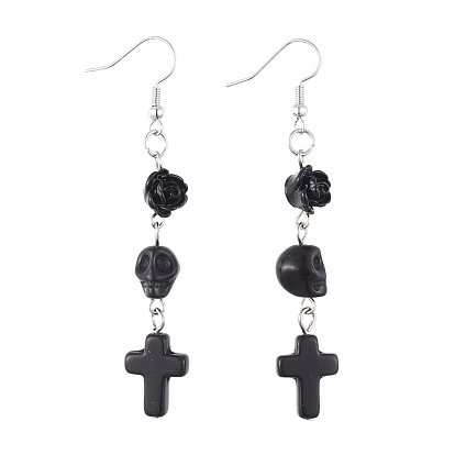 Cuelga los pendientes, con turquesa sintética, howlite sintética, Abalorios de resina, fornituras de hierro y ganchos de pendiente de latón, rosa y calavera y cruz