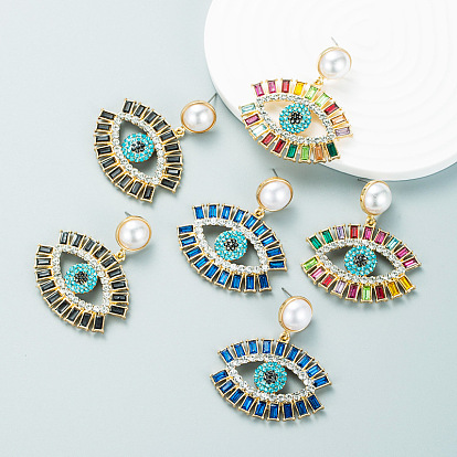 Evil Eye Brass Pave Cubic Zirconia Dangle Earrings, Plastic Pearl Stud Earrings for Women
