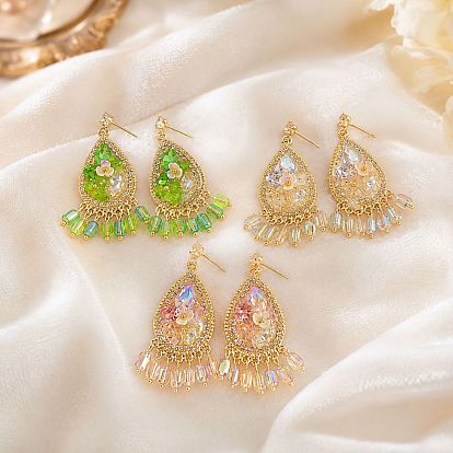 Bohemian Alloy Rhinestone Stud Earrings, Teardrop, Glass Dangle Earrings, Golden