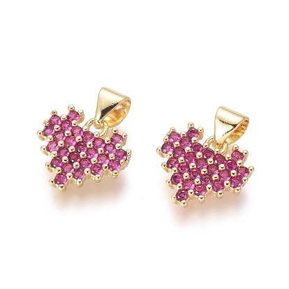 Pendentifs en laiton micro pave zircone cubique rose foncé, avec bélières snap on, cœur