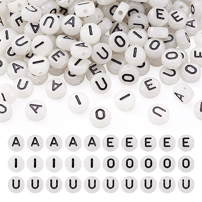 500 шт 5 акриловые бусины в стиле, с эмалью и люминесцентным составом, горизонтальное отверстие, плоский круглый с черной буквой, светится в темноте