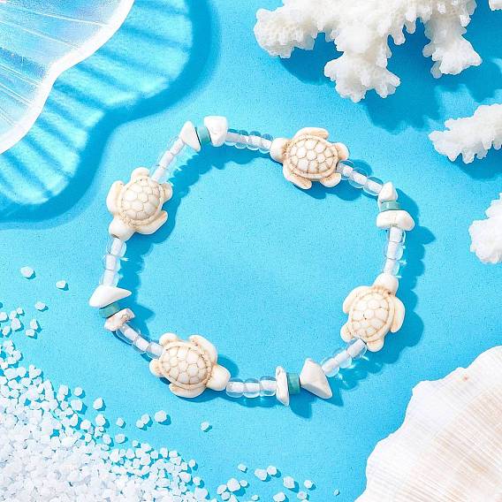 Браслеты из синтетической бирюзы и магнезита, морская черепаха, со стеклянными бисеринами