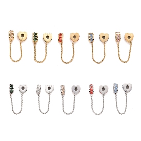 304 Stainless Steel Heart Safety Chain Clip Lock Stopper Charms, European Clasps, with Rhinestone, for European Charm Bracelets