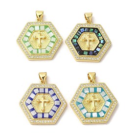 Cross Theme Brass Micro Pave Cubic Zirconia Pendants, with Enamel & Shell, Long-Lasting Plated, Lead Free & Cadmium Free, Real 18K Gold Plated, Hexagon