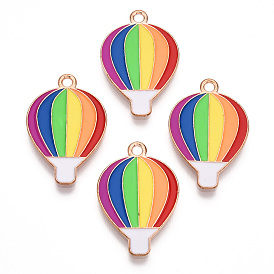 Rainbow Color Pride Alloy Enamel Pendants, Hot Air Balloon Charms, Light Gold