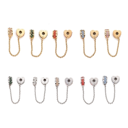304 Stainless Steel Heart Safety Chain Clip Lock Stopper Charms, European Clasps, with Rhinestone, for European Charm Bracelets