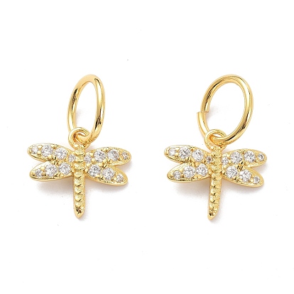 Brass Micro Pave Clear Cubic Zirconia Charms, with Jump Ring, Long-Lasting Plated, Dragonfly