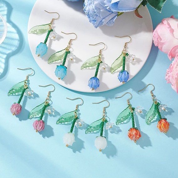 Висячие серьги из акрила и стекла., цветок, с фурнитурой для сережек из нержавеющей стали, золотые