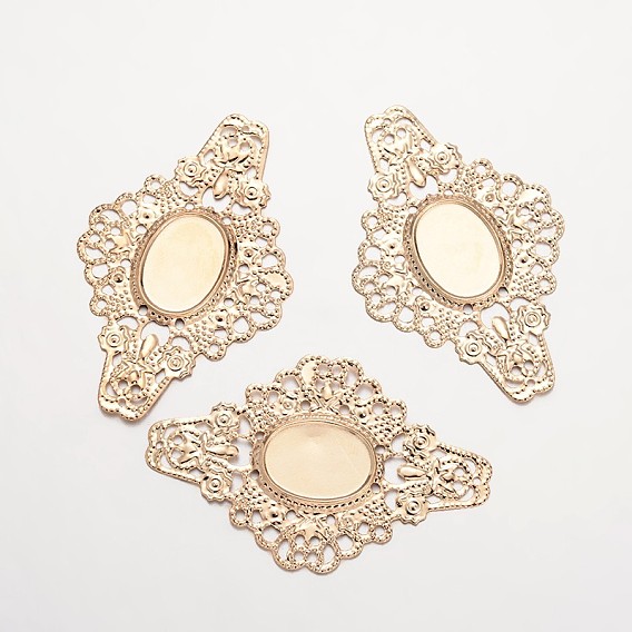 Filigree Flower Iron Cabochon Connector Settings, Tray: 18x13mm, 39x60x1.2mm, Hole: 1mm