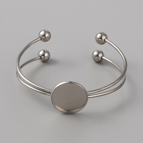 304 Stainless Steel Double Wire Cuff Bangle Makings, with Ball Tip, Flat Round Tray Settings, Blank Bangle Base