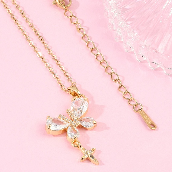 Бабочка и звезда латунный прозрачный кубический цирконий подвеска ожерелье, ионное покрытие (ip) 304 ожерелья-цепочки из нержавеющей стали, стойки покрытие