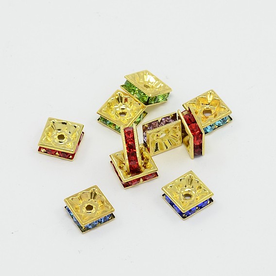 Brass Rhinestone Spacer Beads, Grade A, Golden Metal Color, Square, 8x8x4mm, Hole: 1mm