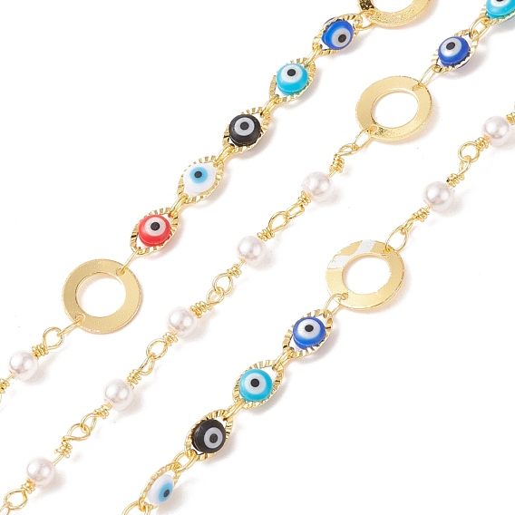Brass Ring & Horse Eye Link Chains, with CCB Imitation Pearl & Glass Beaded, Soldered, with Spools, Cadmium Free & Lead Free, Real 18K Gold Plated