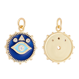 BENECREAT 10Pcs Brass Micro Pave Clear Cubic Zirconia Pendants, with Jump Rings and Enamel, Flat Round with Evil Eye