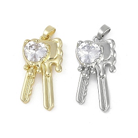 Brass Micro Pave Clear Cubic Zirconia Pendants, Key Charms