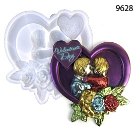 Valentine's Day Heart with Lovers & Flower DIY Wall Decoration Statue Silicone Molds, Portrait Sculpture Resin Casting Molds, for UV Resin & Epoxy Resin Craft Making