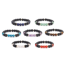 7Pcs 7 Style Natural Mixed Gemstone & Lava Rock Round Beaded Stretch Bracelets Set, Essential Oil Yoga Theme Stackable Bracelets for Women