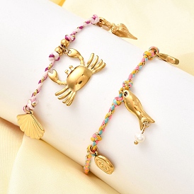 Серия «Океан» 304 браслеты из нержавеющей стали, регулируемые плетеные браслеты из хлопкового шнура для женщин, ионное покрытие (ip), реальный 18 k позолоченный