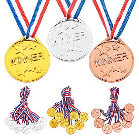 24Pcs 3 Colors Plastic Sports Meet Medals, with Polyester Cord, Flat Round with Star & Word Winner
