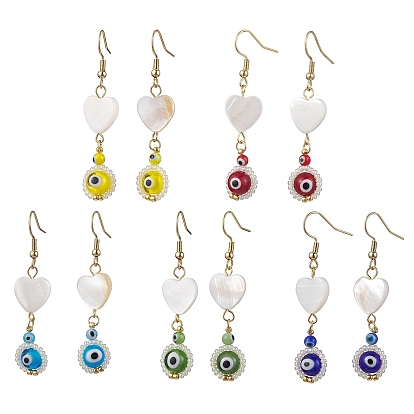 Natural Shell Heart & Lampwork Evil Eye Dangle Earrings