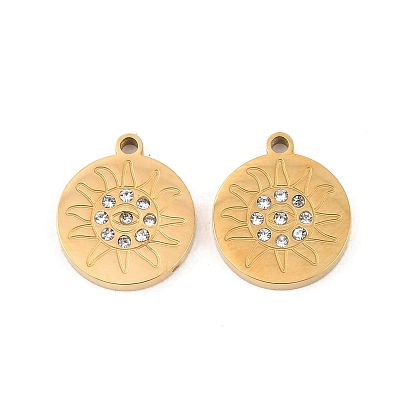 304 из нержавеющей стали горный хрусталь подвески, плоский круглый с солнечными чарами, ионное покрытие (ip)