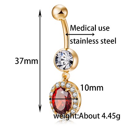 Piercing Jewelry, Brass Cubic Zirconia Navel Ring, Belly Rings, with Surgical Stainless Steel Bar, Cadmium Free & Lead Free, Oval