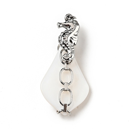 Natural White Shell Pendants, Teardrop Charm, with Stainless Steel Color Plated 304 Stainless Steel Sea Horse Findings and Jump Ring