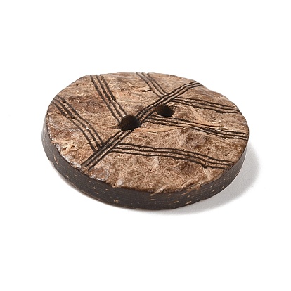 2-Hole Coconut Buttons, Flat Round with Leaf Vein Pattern