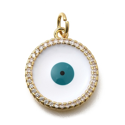 Подвески из латуни микропаве с фианитами и эмалью, плоские круглые с глаз, долговечный, без свинца и без кадмия, стойки покрытие, с целью перехода в кольце