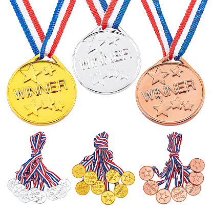 24 pcs 3 colores plástico deportes encuentro medallas, con cuerda de poliéster, plano redondo con estrella y ganador de palabra