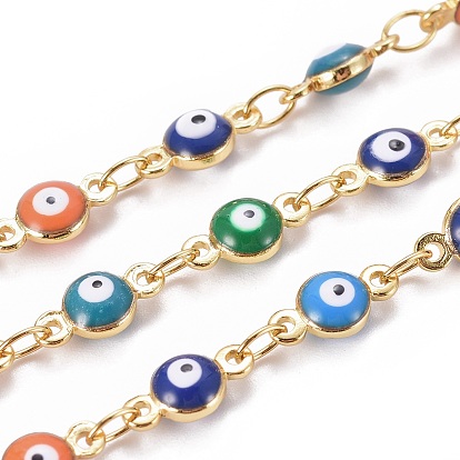 Handmade Enamel Beaded Chains, with Brass Chains, with Spool, Soldered, Flat Round with Evil Eye, Golden