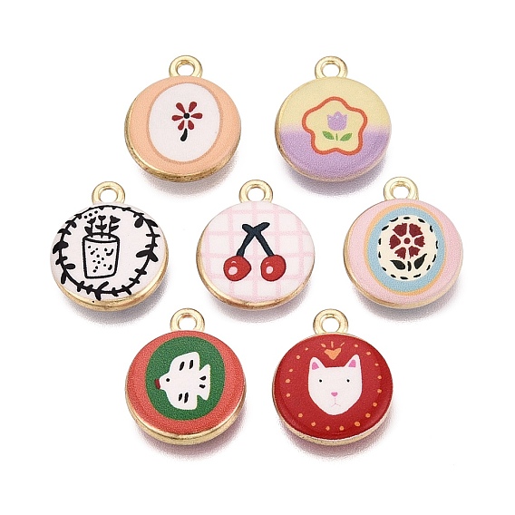 Printed Alloy Pendants, Rack Plating, Flat Round Charms, Cadmium Free & Nickel Free & Lead Free, Golden