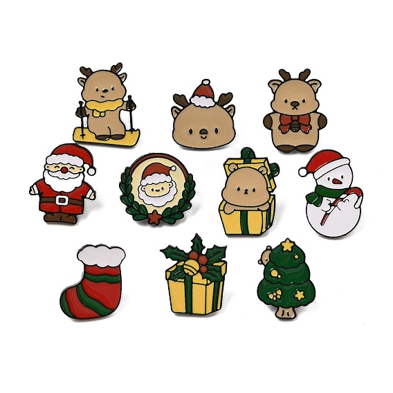 Рождественская тема цинковый сплав эмалированная брошь-булавка для рюкзака одежда, Санта-Клаус/снеговик/рождественский носок/коробка/елка/олень