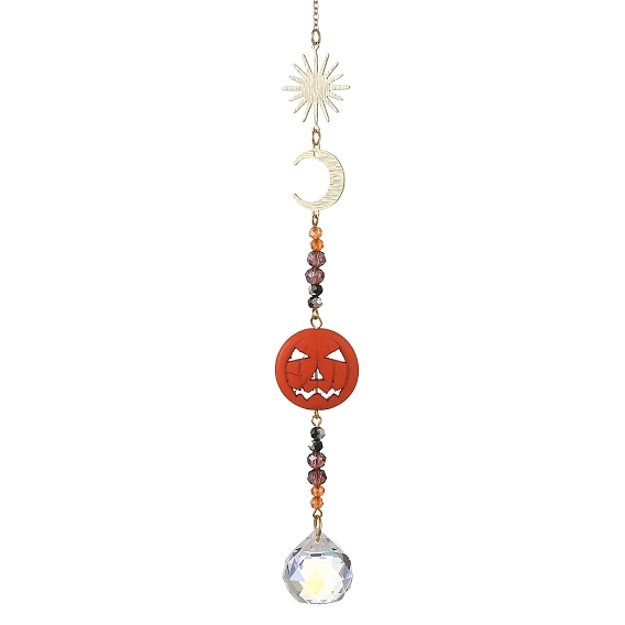 Pumpkin Synthetic Turquoise & Brass Sun Moon Suncatcher, Glass Round Pendant Prism Crystal Window Hanging Ornament for Home Garden Decor