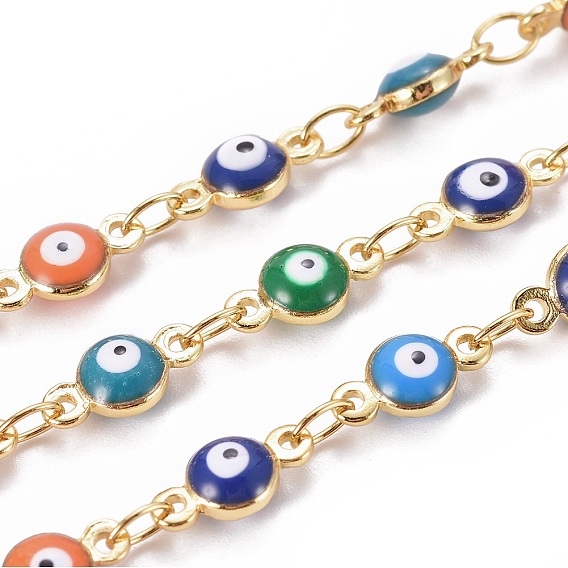 Handmade Enamel Beaded Chains, with Brass Chains, with Spool, Soldered, Flat Round with Evil Eye, Golden