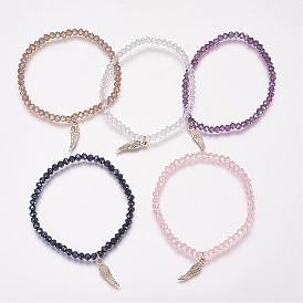 Glass Beads Stretch Bracelets, with Tibetan Style Pendants, Wing