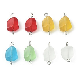 Transparent Frosted Glass Connector Charms, Nuggets Links with Stainless Steel Color Double Loops