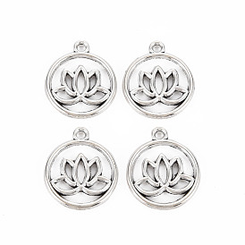Tibetan Style Alloy Pendants, Cadmium Free & Lead Free, Flat Round with Flower