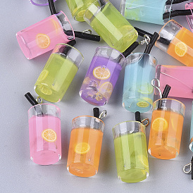 Plastic Imitation Drink Pendants, Juice Glass Charms with Resin Inside and Platinum Plated Iron Loops