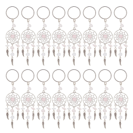24шт. брелок из натурального розового кварца, с подвесками в тибетском стиле и 316 хирургическим кольцом для ключей из нержавеющей стали, тканая сеть / паутина с пером