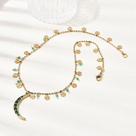 304 Женские подвески-луны из нержавеющей стали с зелеными кубическими циркониями, с кошачий глаз